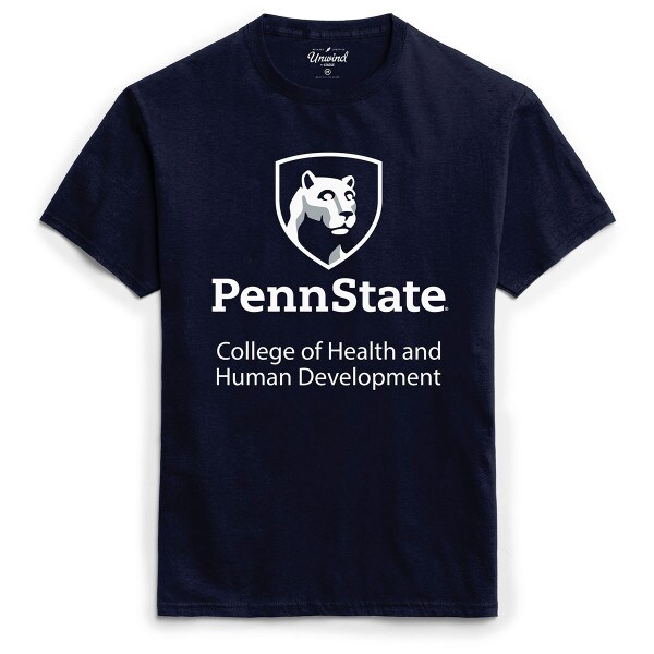 short sleeve navy t-shirt with Penn State College of Health and Human Development below Lion Shield graphic